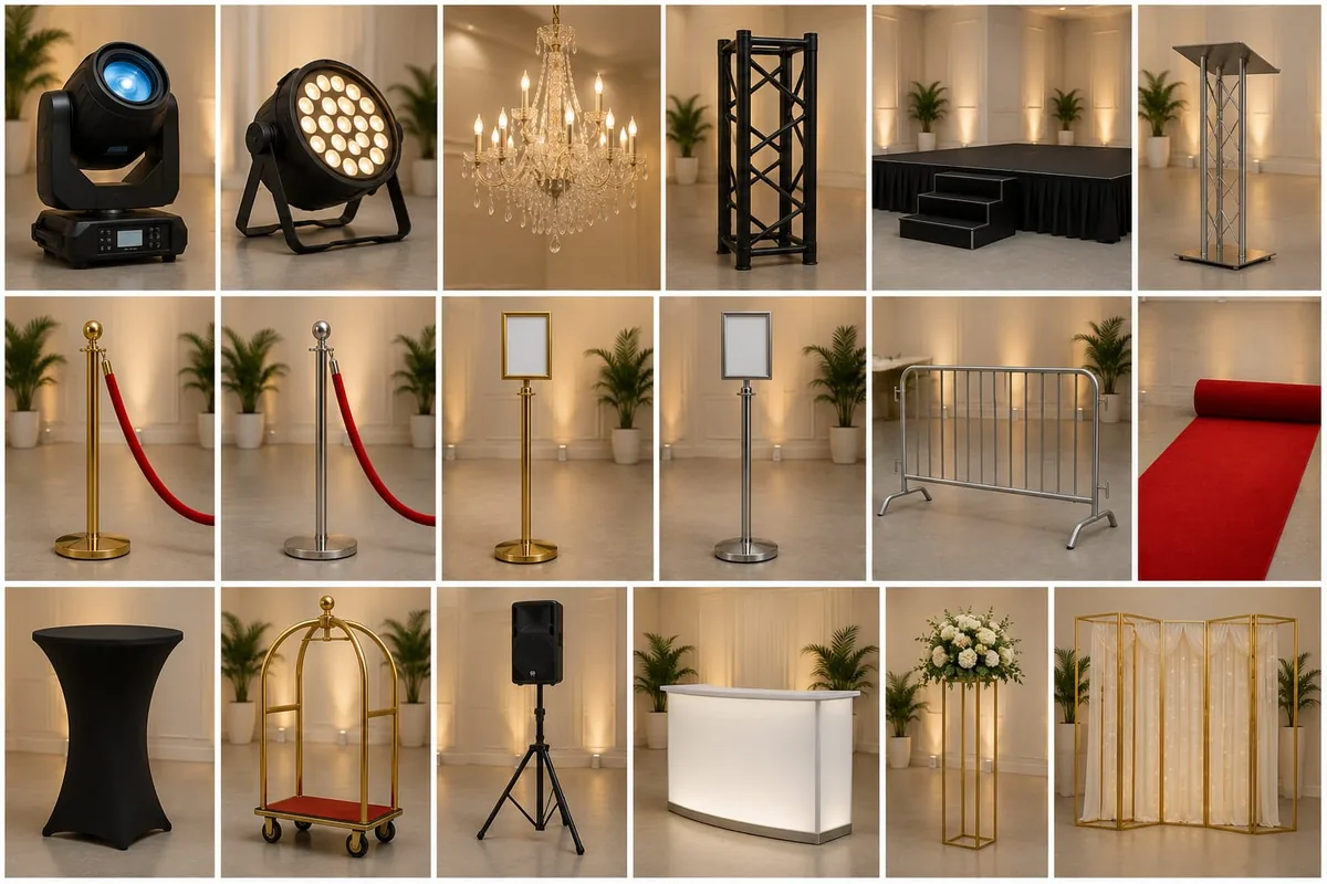 Event decor and staging accessories - lighting, truss, stage, stanchions, red carpet, Dubai UAE