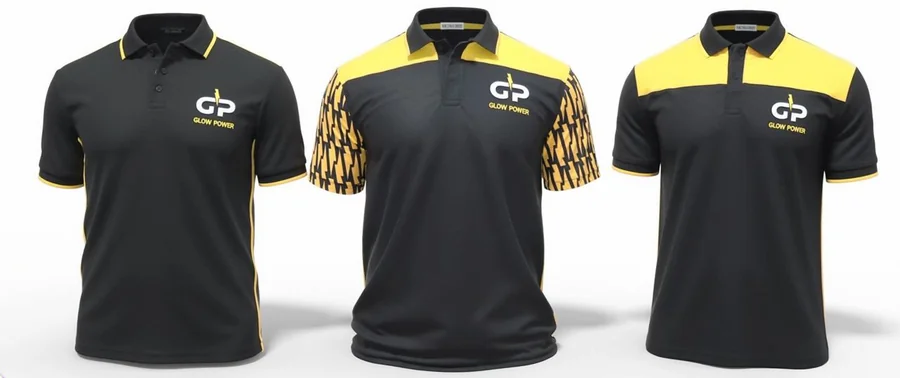 Custom embroidered polo shirts for Glow Power, corporate uniform branding Dubai UAE