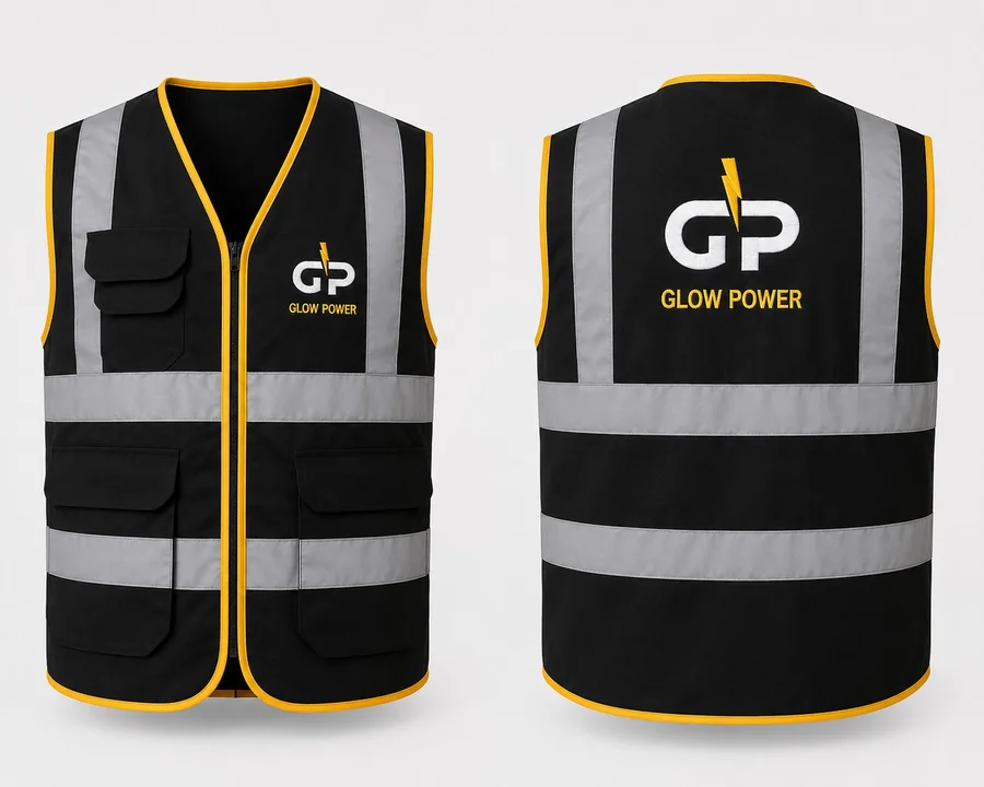Custom branded safety vest for Glow Power, corporate workwear Dubai UAE