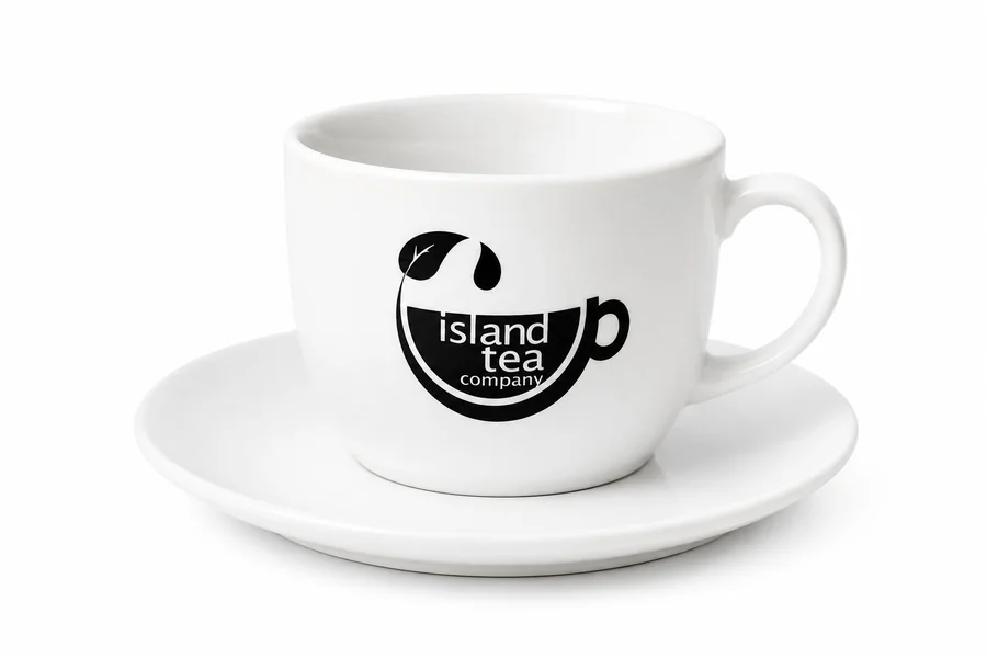 Branded ceramic cup and saucer for Island Tea Company, custom printing UAE