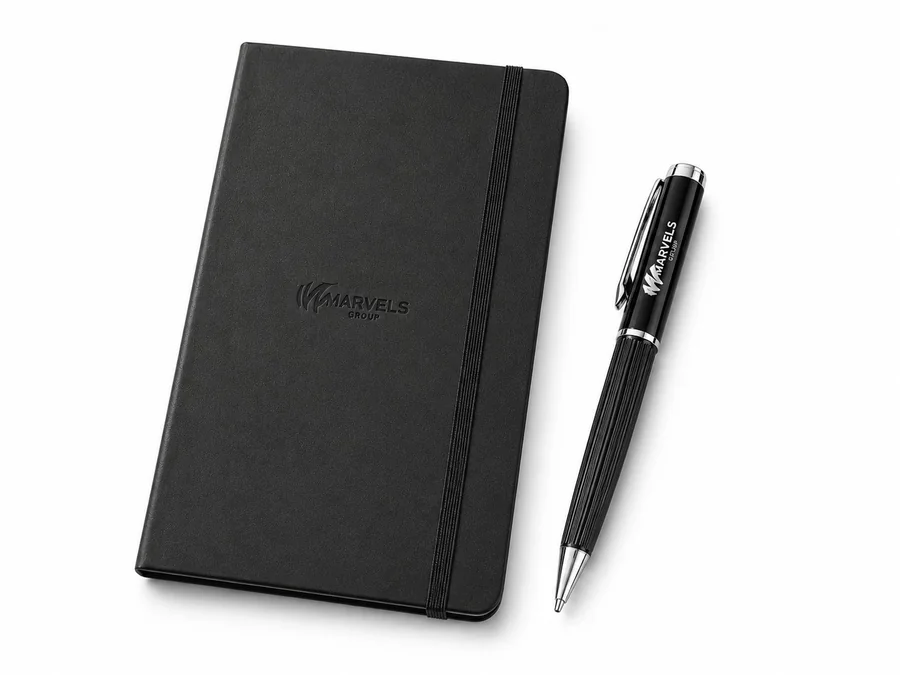 Branded notebook and pen gift set for Marvels Group, corporate gifting UAE